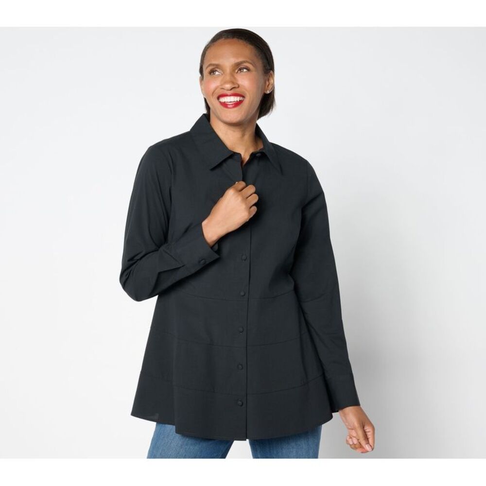 Summersalt Women's Top Petite 8P Poplin Shirt Tiered Peplum Black A664014